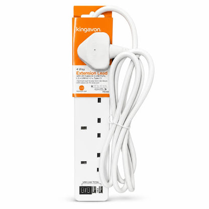 Front view of Kingavon 4 Way Extension Lead with cable and USB ports