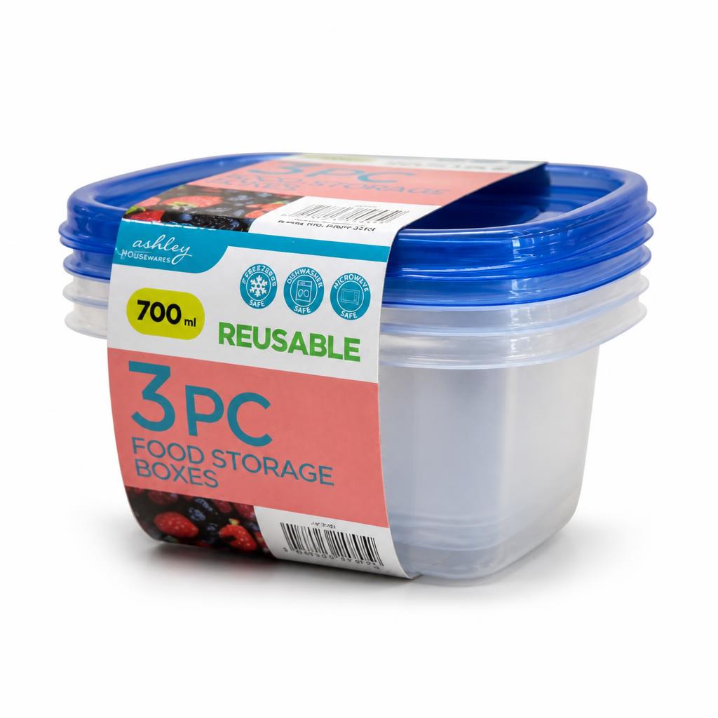 Side view of Ashley Housewares food storage boxes showing blue lids