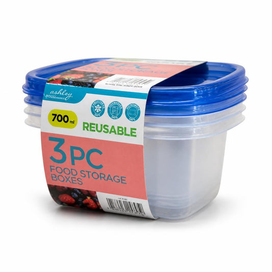 Side view of Ashley Housewares food storage boxes showing blue lids