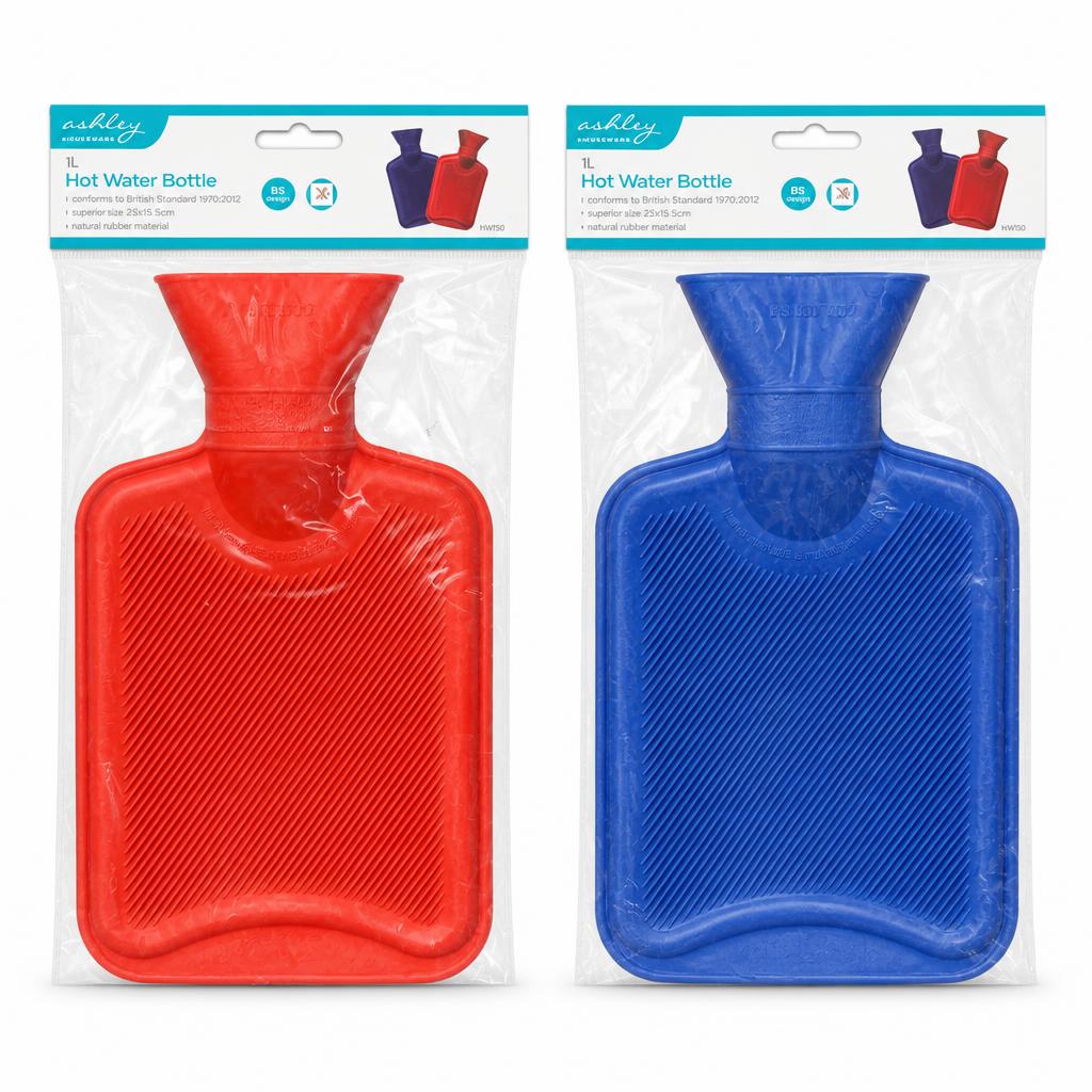 Ashley hot water bottles in red and blue packaging