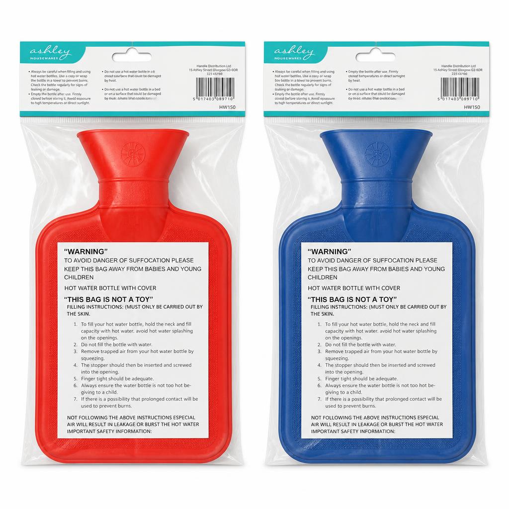 Back view of Ashley hot water bottles with safety warnings and barcode