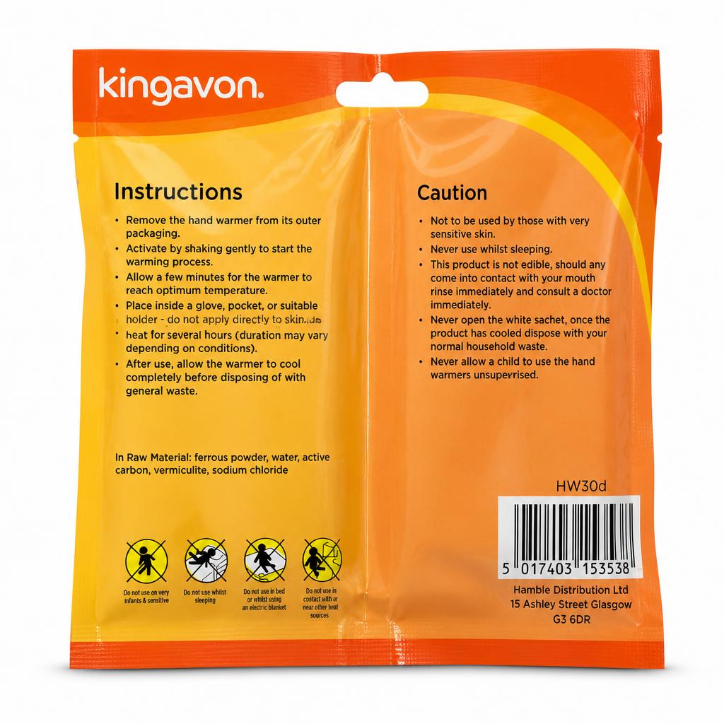 Kingavon Hand Warmers 4pc packaging back