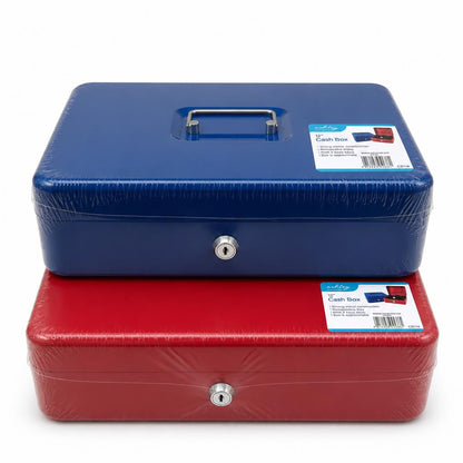 Two locked cash boxes in blue and red, stacked