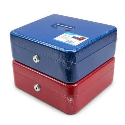 Side view of blue and red cash boxes with locks