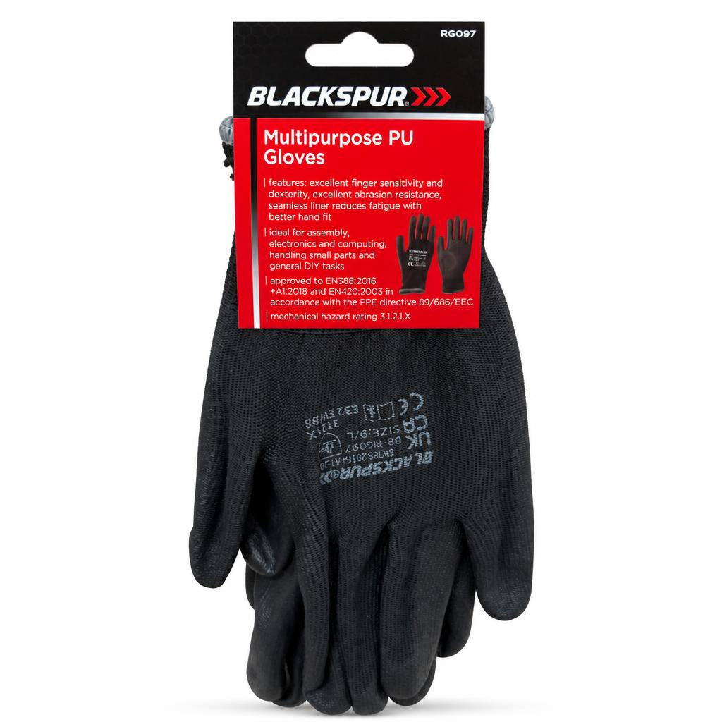 Front packaging of Blackspur Multipurpose PU Gloves.
