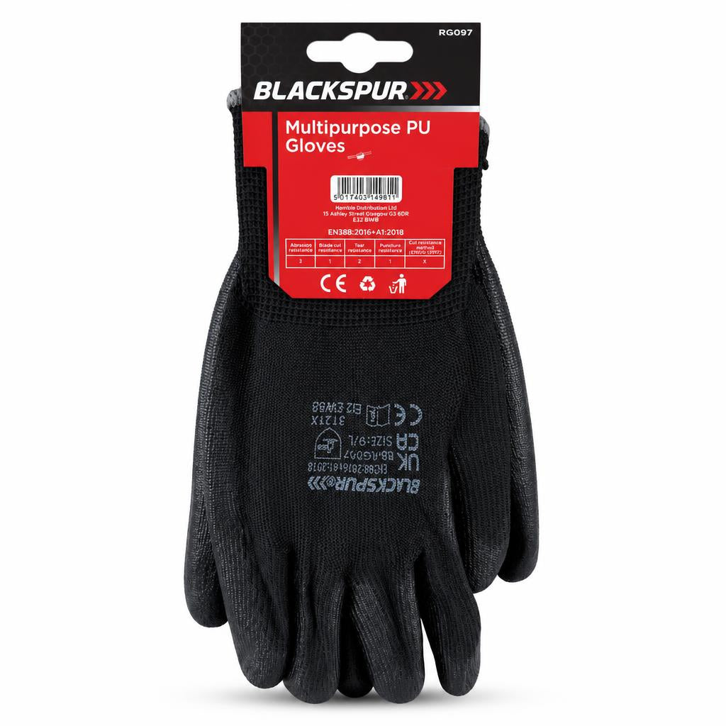 Back packaging of Blackspur Multipurpose PU Gloves with specifications.
