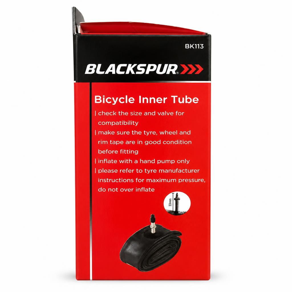 Side view of Blackspur Bicycle Inner Tube with instructions