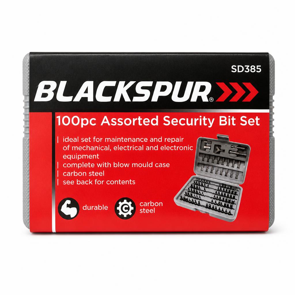 Front packaging showing Blackspur 100pc Assorted Security Bit Set