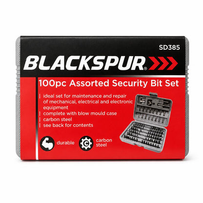 Front packaging showing Blackspur 100pc Assorted Security Bit Set