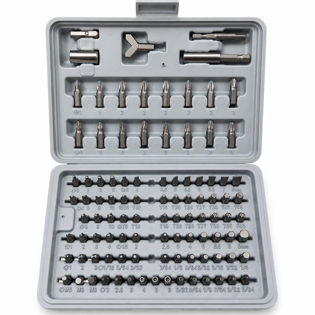 Open case displaying 100-piece security bit set