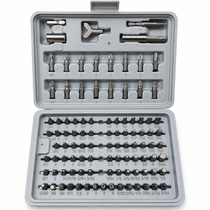 Open case displaying 100-piece security bit set