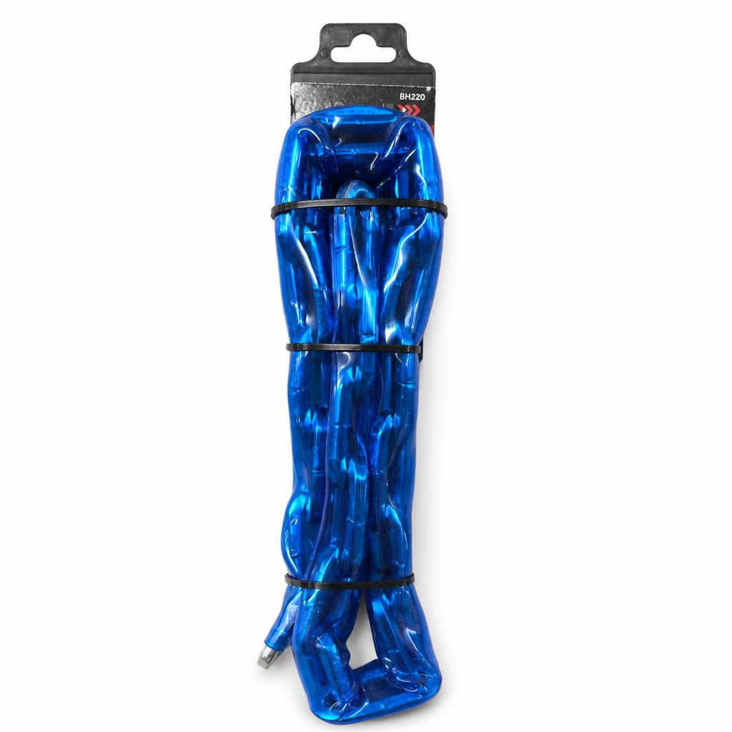 Blue square link chain packaged vertically