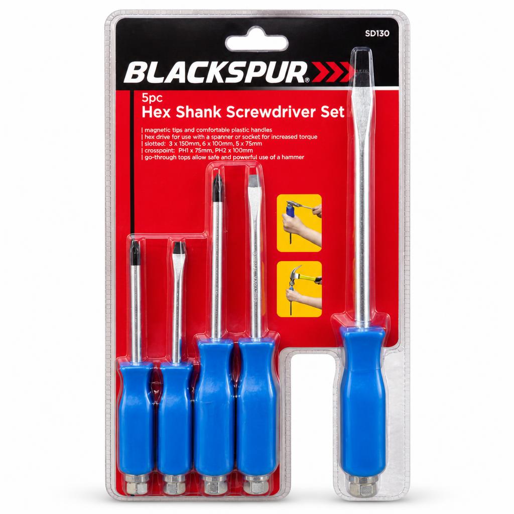Front view of Blackspur 5pc Hex Shank Screwdriver Set packaging