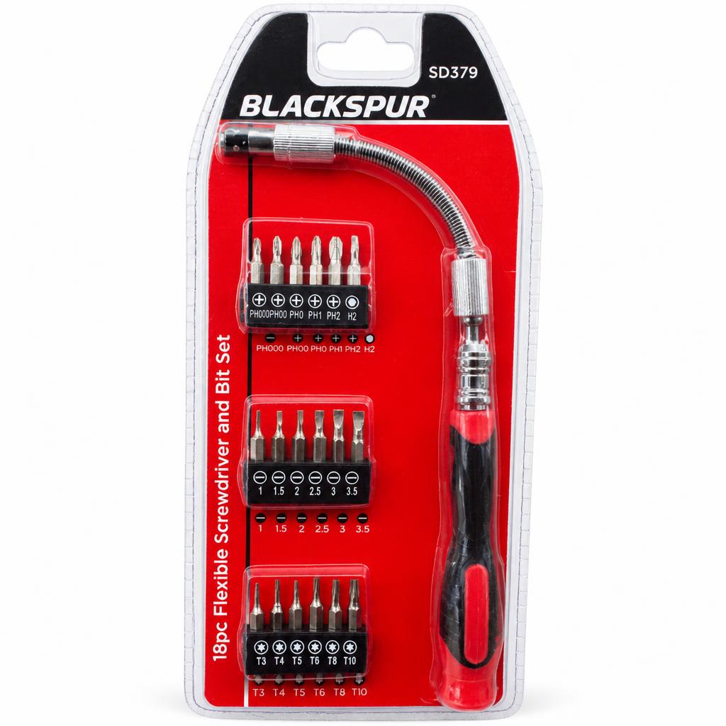Blackspur 18pc Flexible Screwdriver and Bit Set packaging front view