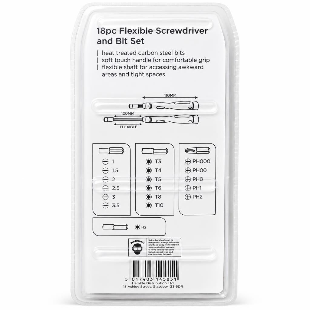 Blackspur 18pc Flexible Screwdriver and Bit Set packaging back view