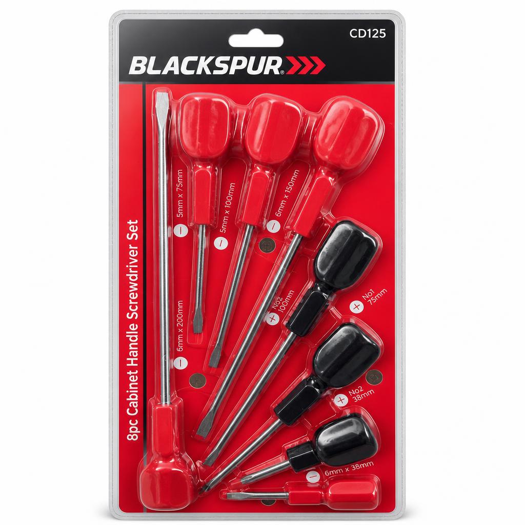 Front packaging of Blackspur 8pc Cabinet Handle Screwdriver Set