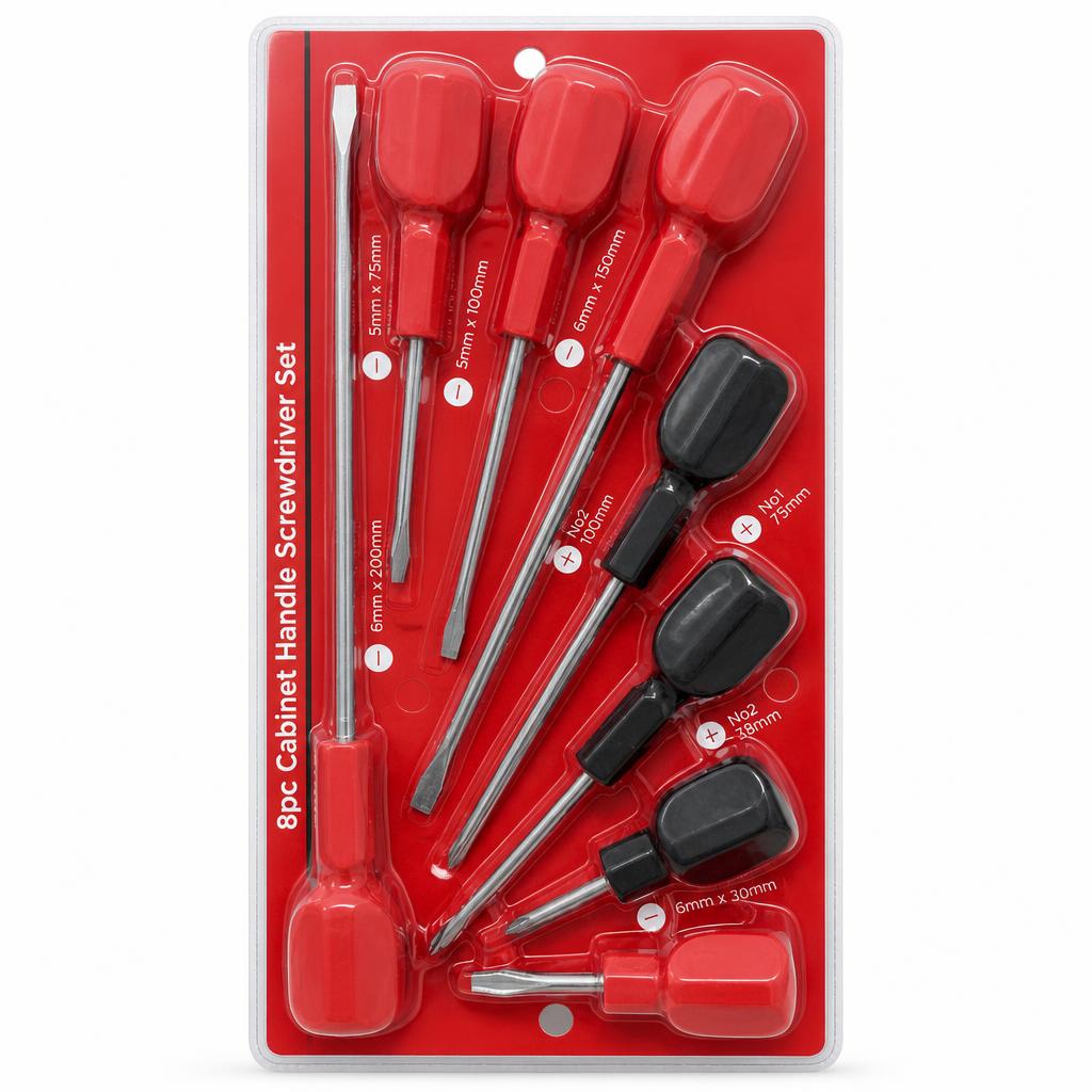 Back packaging of Blackspur 8pc Cabinet Handle Screwdriver Set