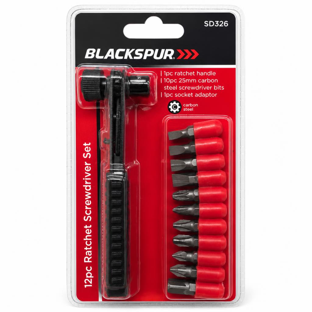Front packaging of Blackspur 12pc Ratchet Screwdriver Set