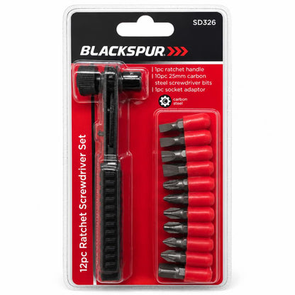 Front packaging of Blackspur 12pc Ratchet Screwdriver Set