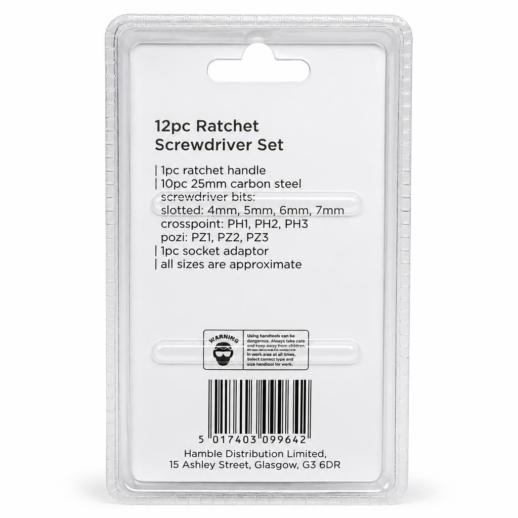 Back packaging of Blackspur 12pc Ratchet Screwdriver Set