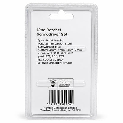 Back packaging of Blackspur 12pc Ratchet Screwdriver Set