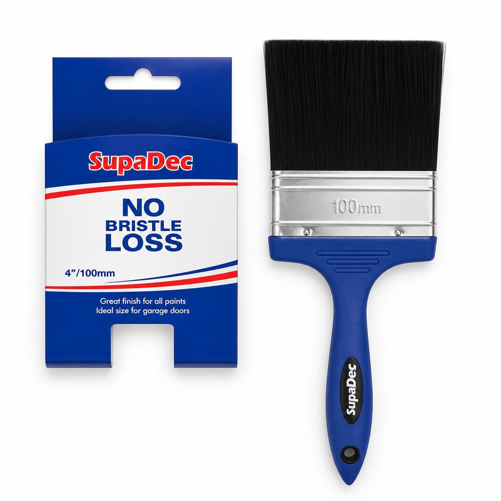 SupaDec No Bristle Loss Paint Brush 100mm unpacked with packaging