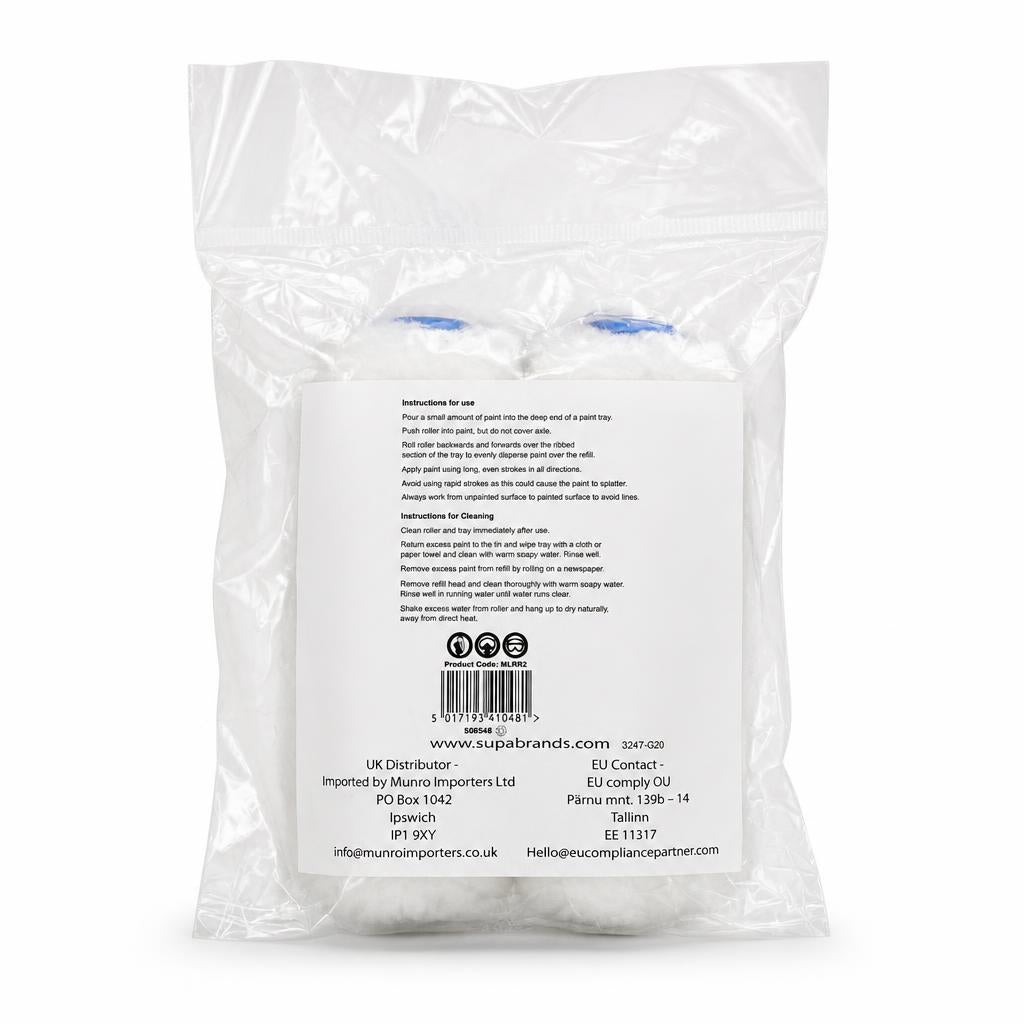 Back view of SupaDec Long Pile Woven Fabric Roller packaging with barcode and instructions