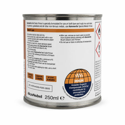 Back of Hammerite Red Oxide Primer can showing instructions and warnings