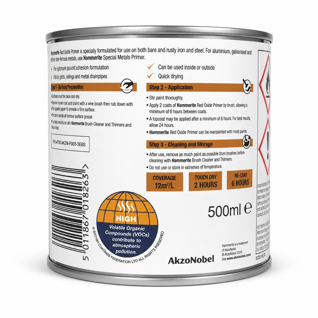 Back view of Hammerite Red Oxide Primer showing instructions