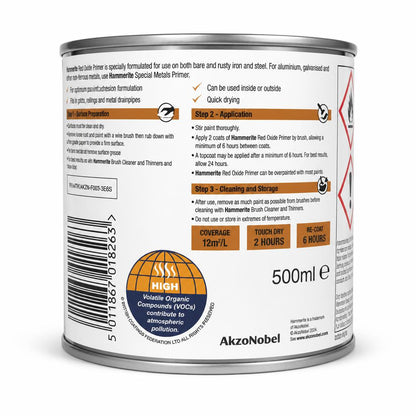 Back view of Hammerite Red Oxide Primer showing instructions
