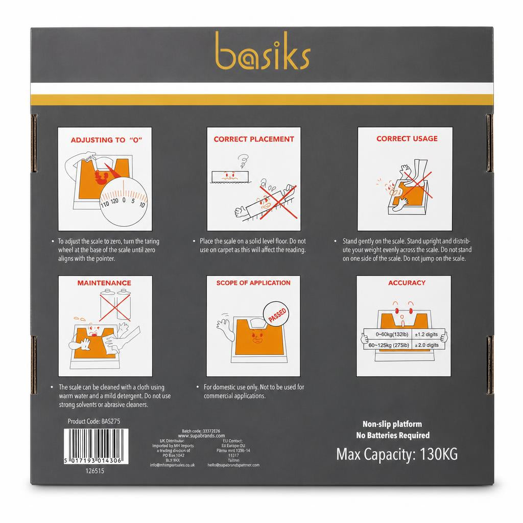 Back of packaging showing instructions and specifications for Basiks Mechanical Bathroom Scales