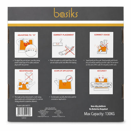 Back of packaging showing instructions and specifications for Basiks Mechanical Bathroom Scales