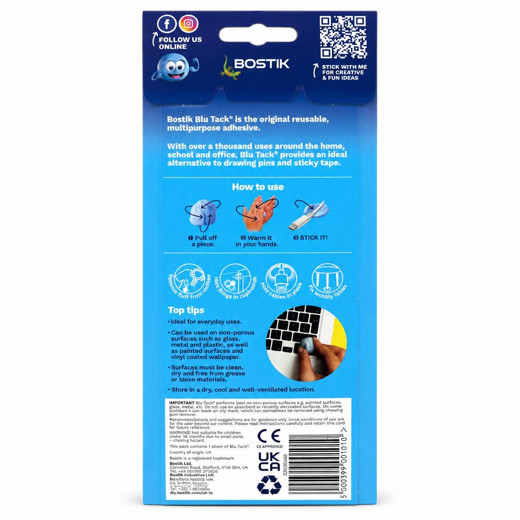 Back packaging detailing Bostik Blu Tack features