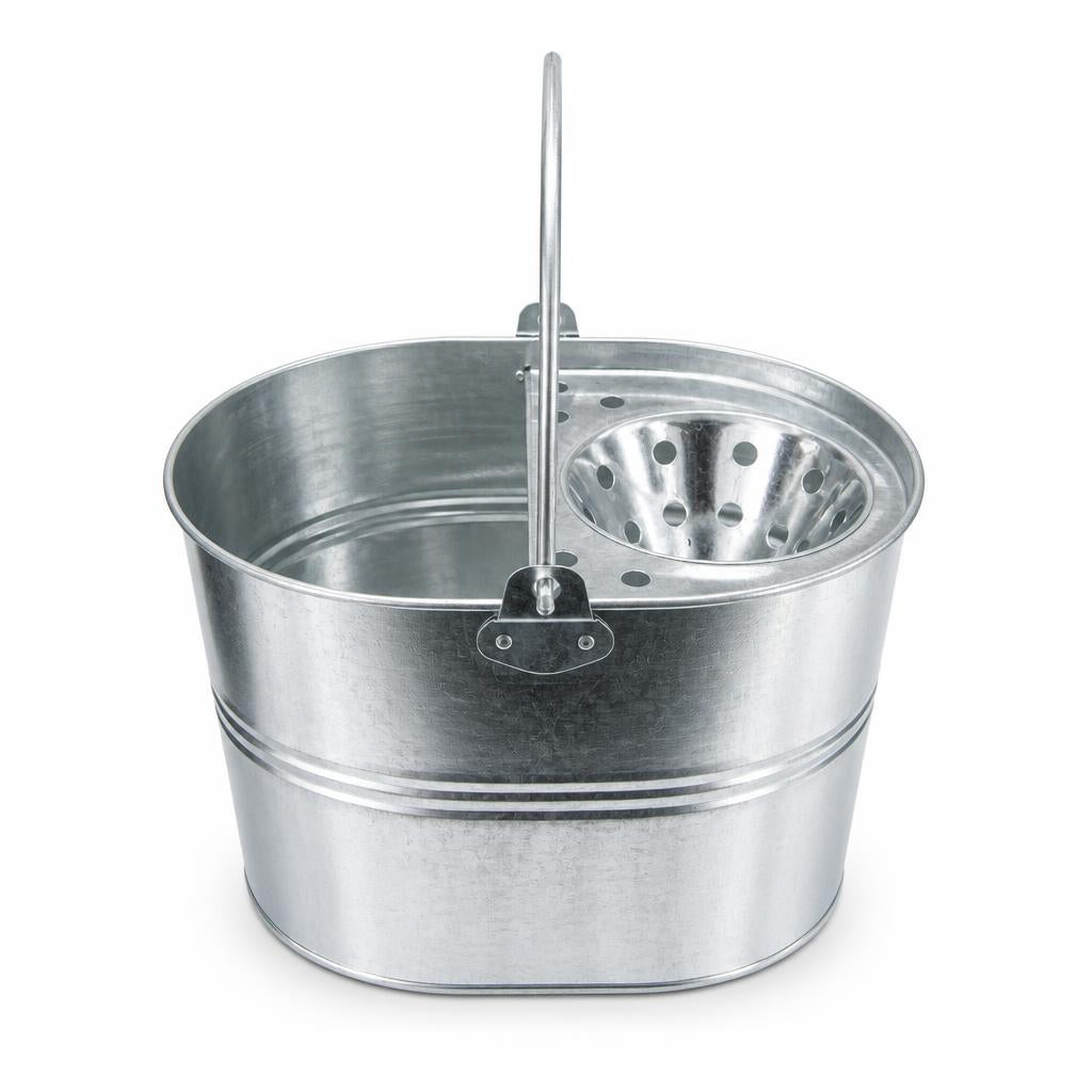 Metal mop bucket with drainer in a store display