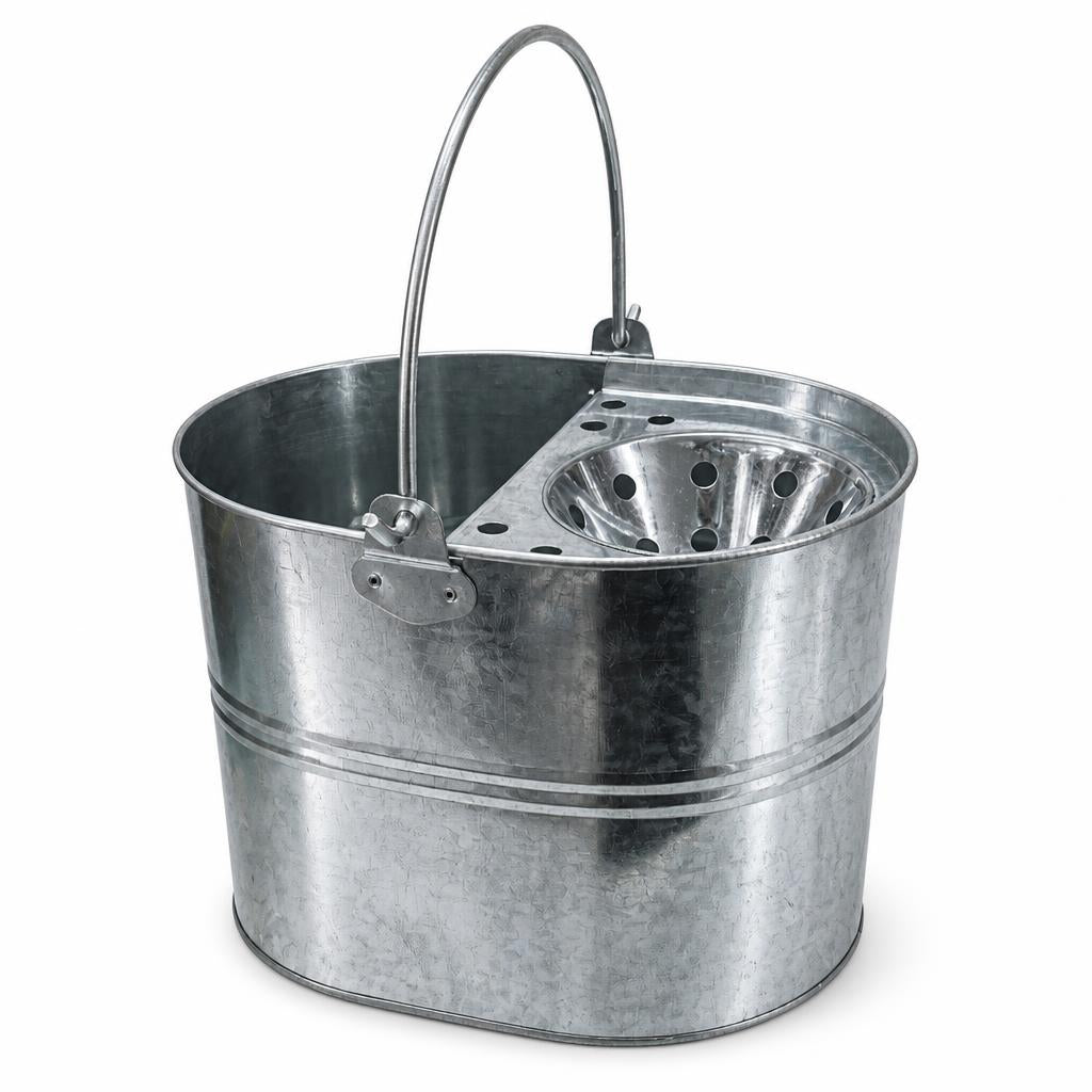 Side view of metal mop bucket with drainer