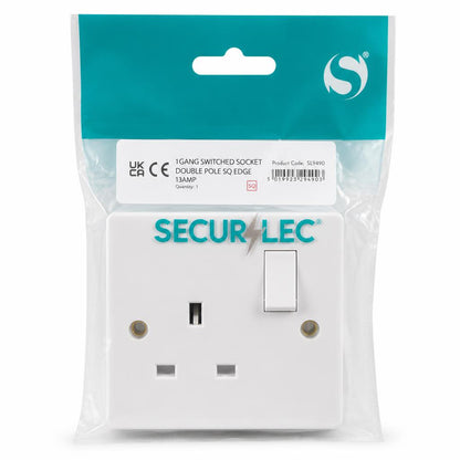 Front view of Securlec 1 Gang Switched Socket in packaging