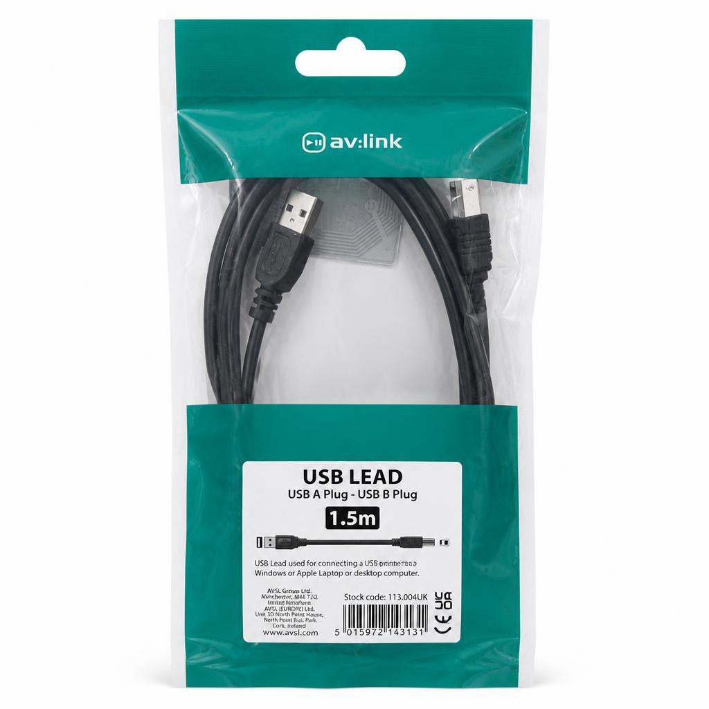 Front of AV:Link USB Lead package showing USB A to USB B connection
