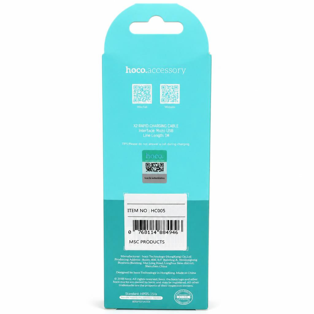 Back view of Hoco Rapid Charging Micro USB Cable packaging.