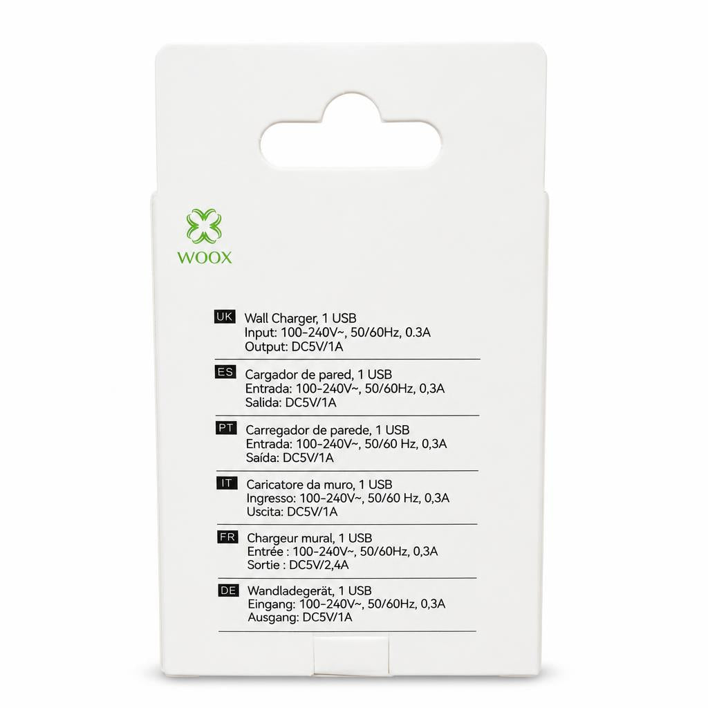 Woox 1A Wall Charger packaging back