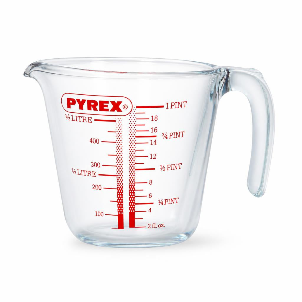 Side view of Pyrex Iconic Measuring Jug with measurements