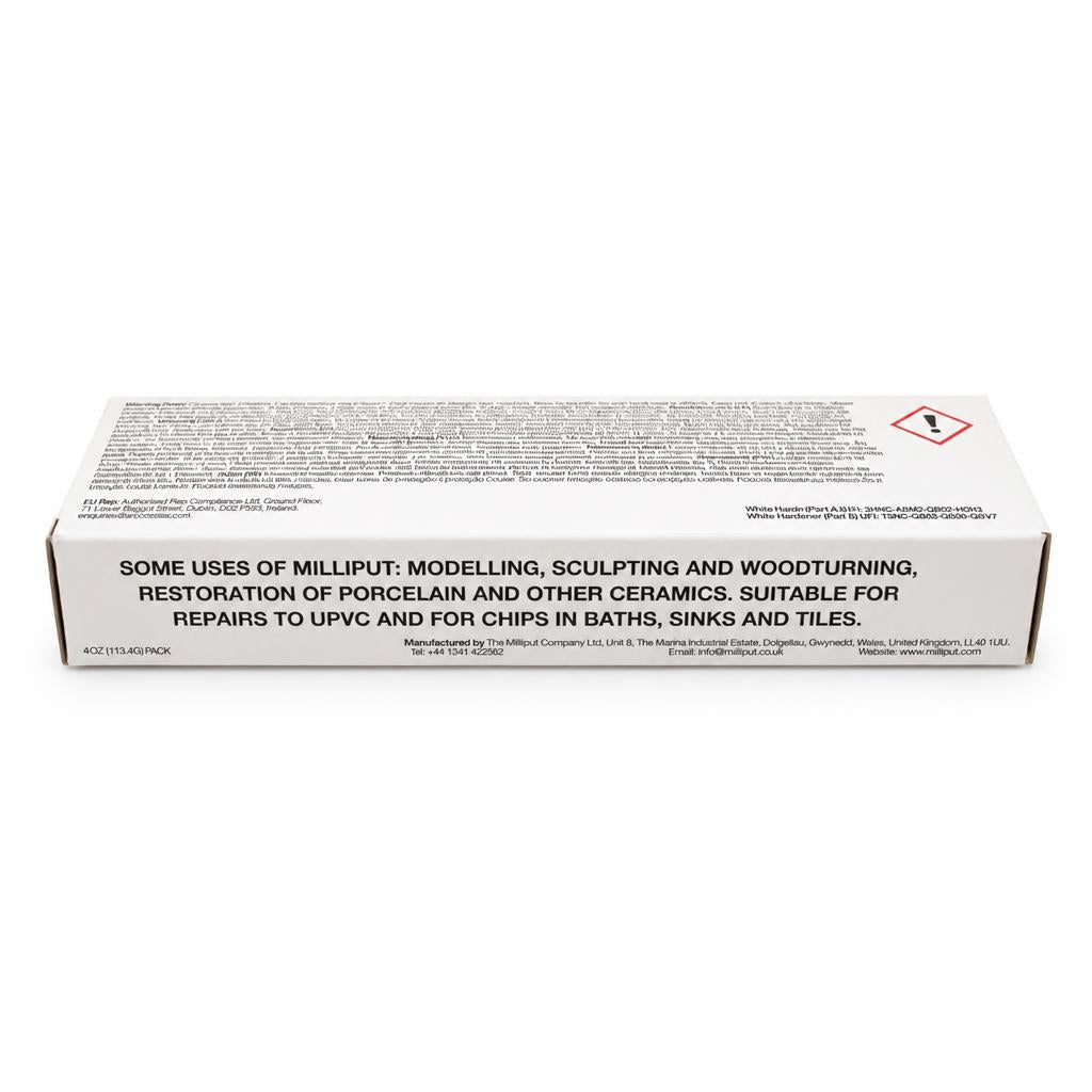 Back view of Milliput box with usage details and safety information