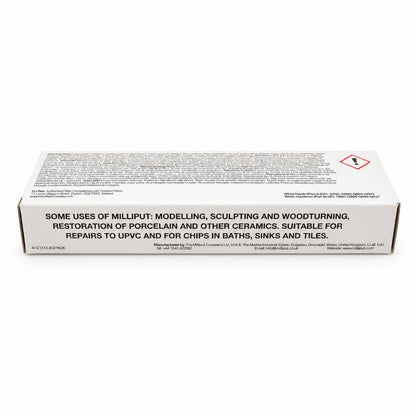 Back view of Milliput box with usage details and safety information