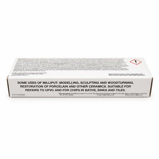 Back view of Milliput box with usage details and safety information