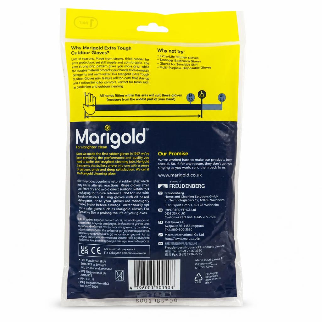 Back of Marigold Extra Tough Outdoor Gloves packaging with details