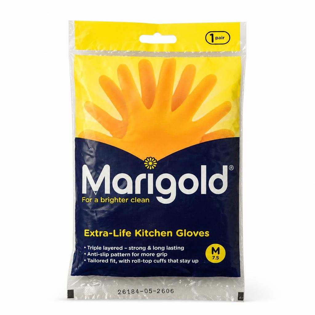 Front packaging of Marigold Extra-Life Kitchen Gloves