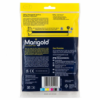 Back packaging of Marigold Extra-Life Kitchen Gloves