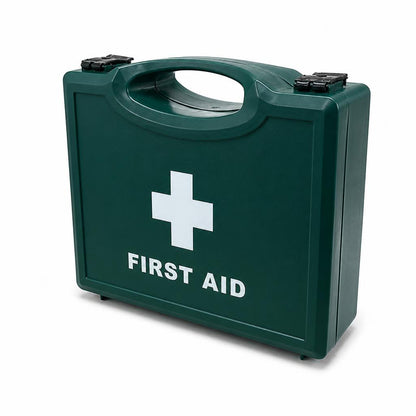 Green first aid kit with handle and clasp