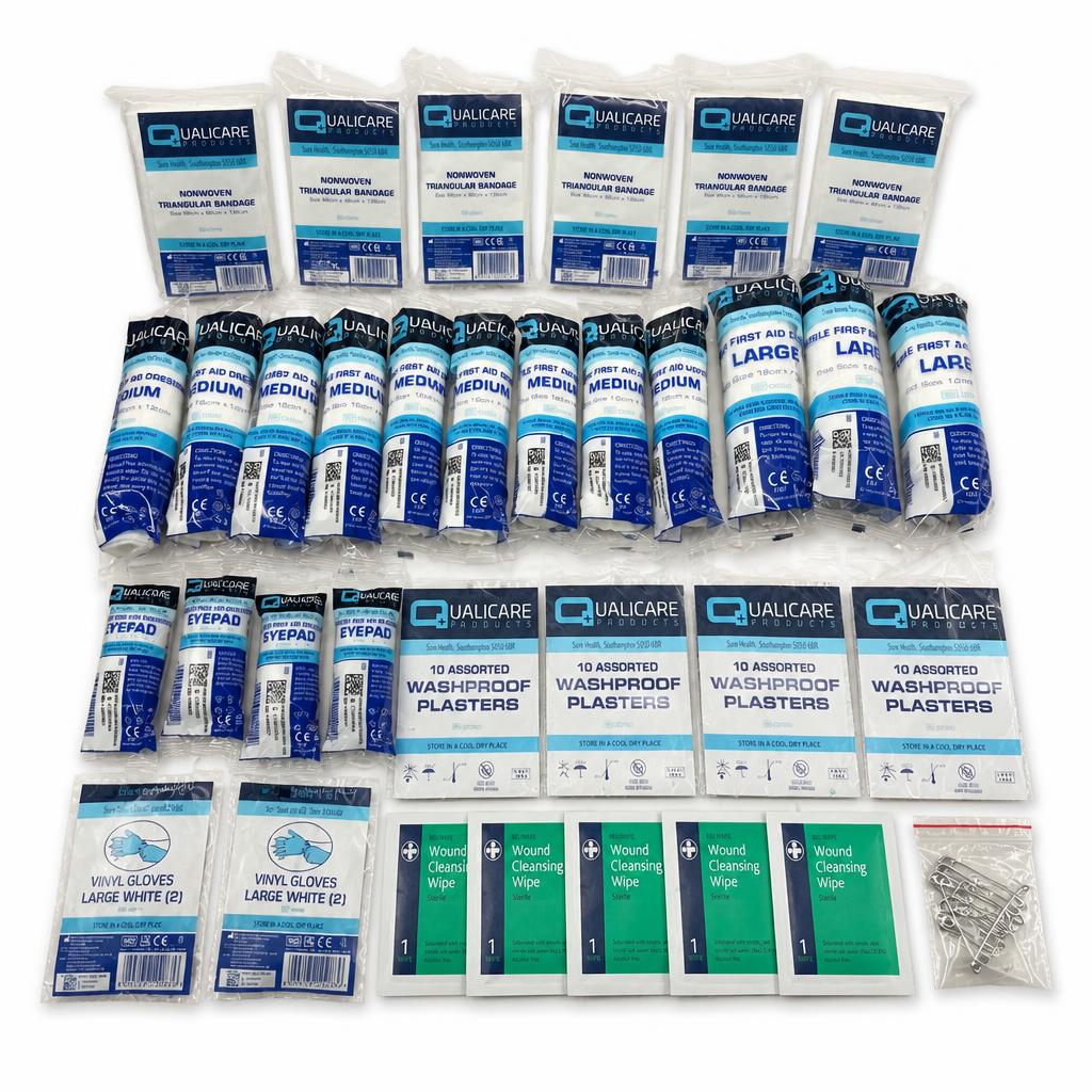 Assorted medical supplies including bandages and plasters