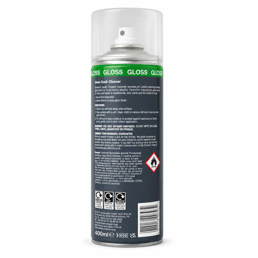 Back of the Simoniz Gloss Dash Cleaner spray can showing instructions and warnings