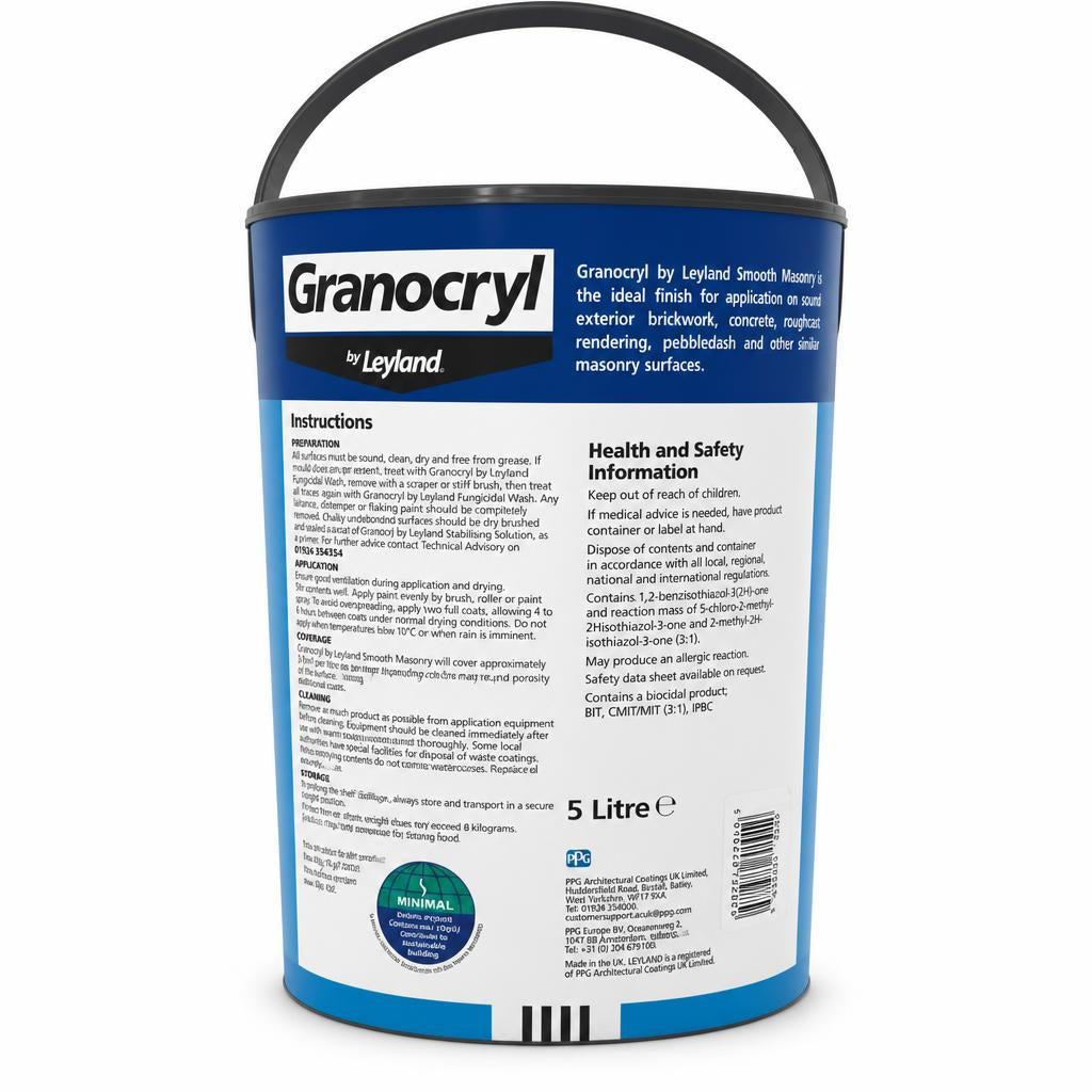Back view of Granocryl Smooth Masonry Paint packaging with details